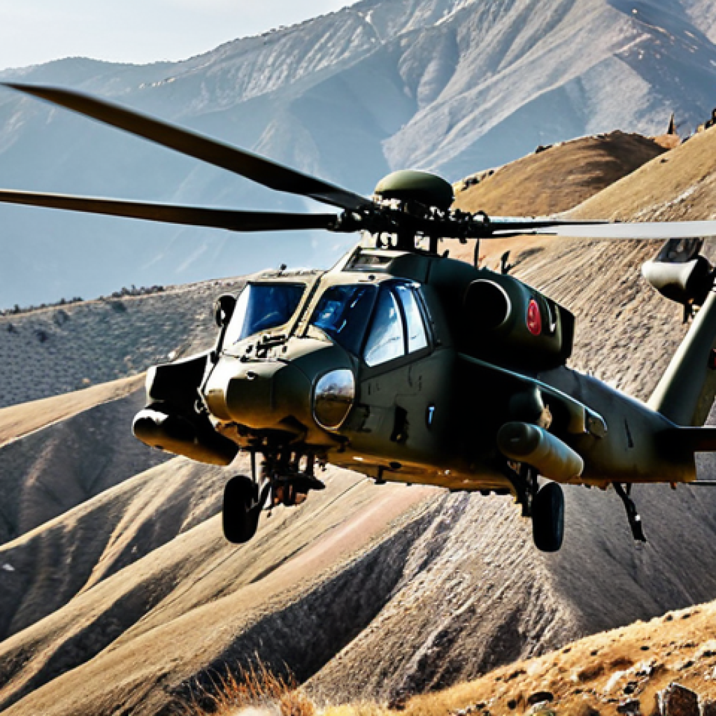**

A Turkish Army attack helicopter (T129 ATAK preferred), flying low over a mountainous region in Turkey. Focus on the helicopter's powerful weaponry and maneuverability. Background should show a rugged landscape and possibly some ground troops for scale. Dramatic lighting to emphasize the strength and readiness.

**