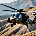 **

A Turkish Army attack helicopter (T129 ATAK preferred), flying low over a mountainous region in Turkey. Focus on the helicopter's powerful weaponry and maneuverability. Background should show a rugged landscape and possibly some ground troops for scale. Dramatic lighting to emphasize the strength and readiness.

**