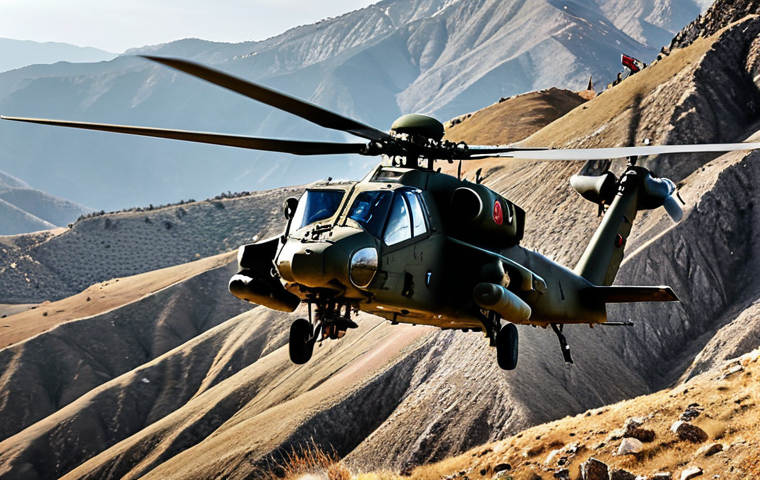 **
A Turkish Army attack helicopter (T129 ATAK preferred), flying low over a mountainous region in Turkey. Focus on the helicopter's powerful weaponry and maneuverability. Background should show a rugged landscape and possibly some ground troops for scale. Dramatic lighting to emphasize the strength and readiness.
**