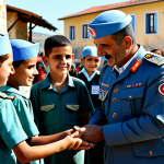 A compassionate Turkish military personnel, fully clothed in a modest, professional military uniform, gently interacting with a group of local children in a sunlit village square. The background shows humanitarian aid efforts like a newly built school or a water well. Perfect anatomy, correct proportions, natural pose, well-formed hands, proper finger count, natural body proportions, professional photography, high detail, realistic, cinematic lighting. Safe for work, appropriate content, fully clothed, professional, family-friendly.