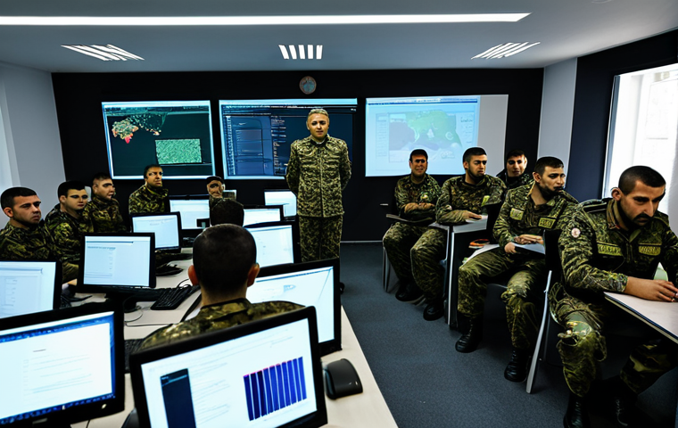 Cyber Security Training**

A group of Turkish soldiers, fully clothed in military uniforms, are attentively participating in a cyber security training session inside a modern, high-tech classroom. Desktops with multiple monitors displaying lines of code are visible.  The atmosphere is focused and professional.  Perfect anatomy, correct proportions, well-lit, professional environment. safe for work, appropriate content, fully clothed, professional.

**